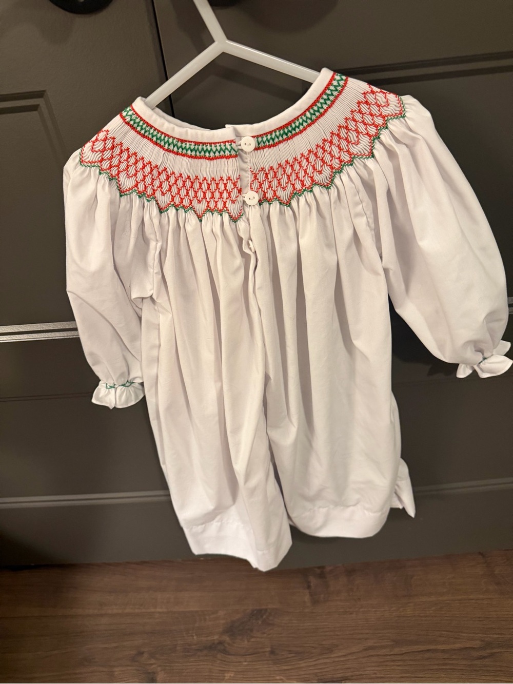 White Girls' Smocked Long-Sleeve Dress with Red & Green Trim